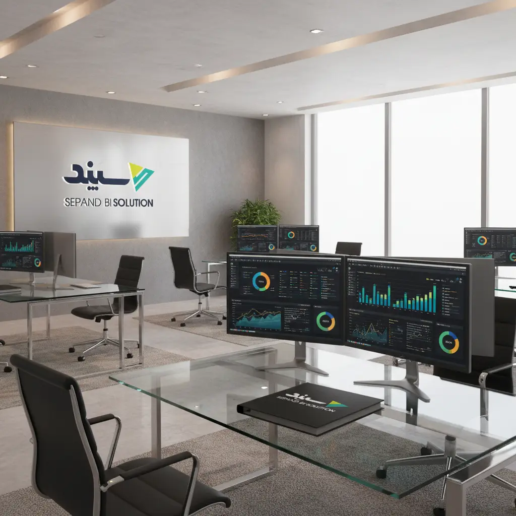 دفتر کار مدرن و شاد شرکت سپند با میز و مانیتورهای نمایش داشبورد هوش تجاری